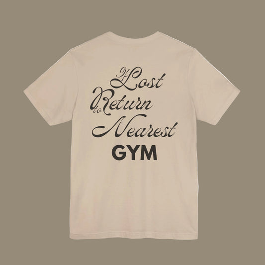 Beige gym t-shirt with black text on a beige background
