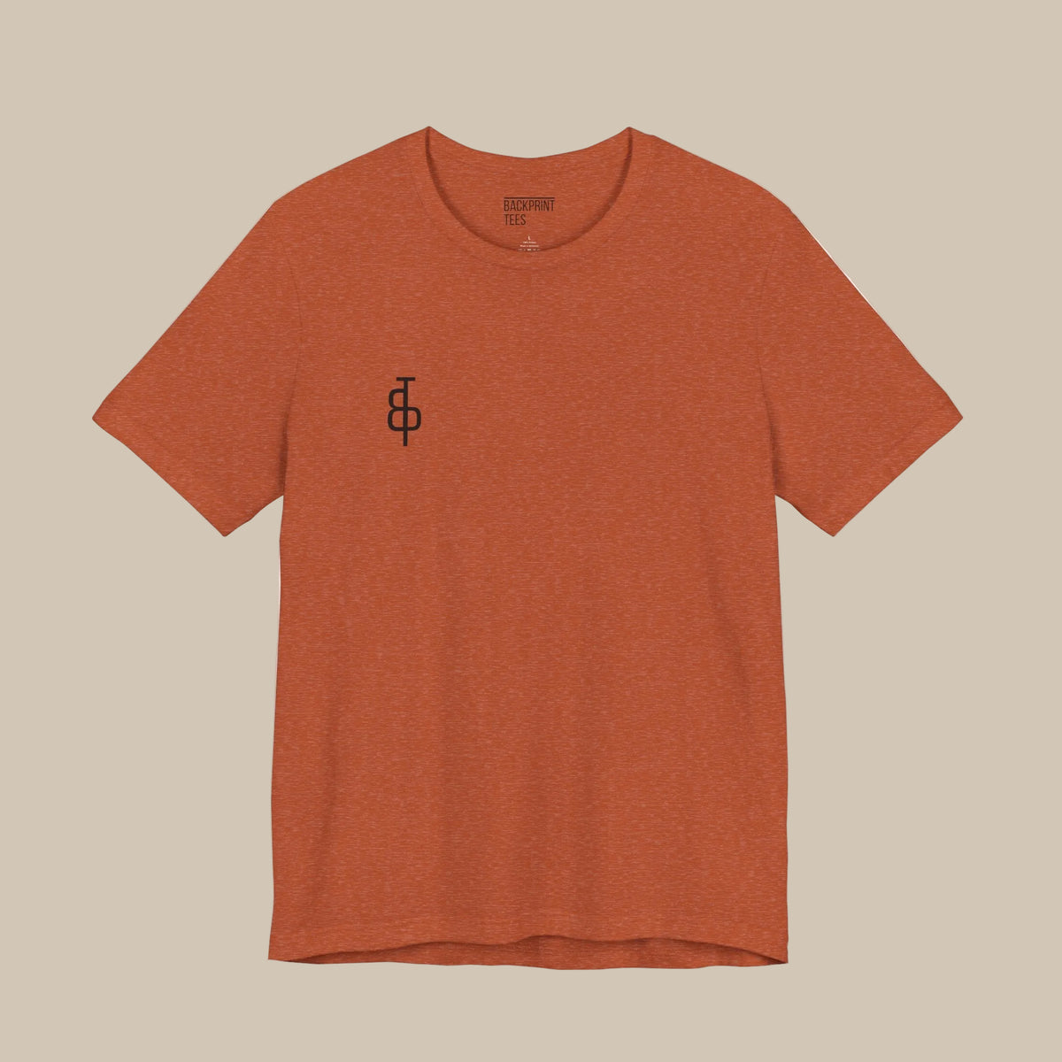 Orange t-shirt with black text backprint on a orange background