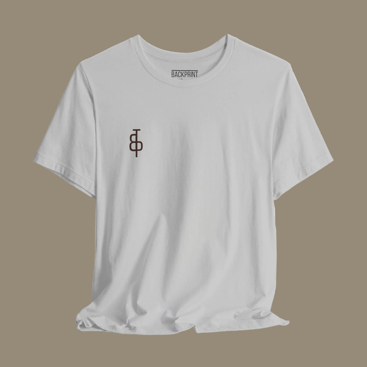 Gray t-shirt with logo text on a gray background