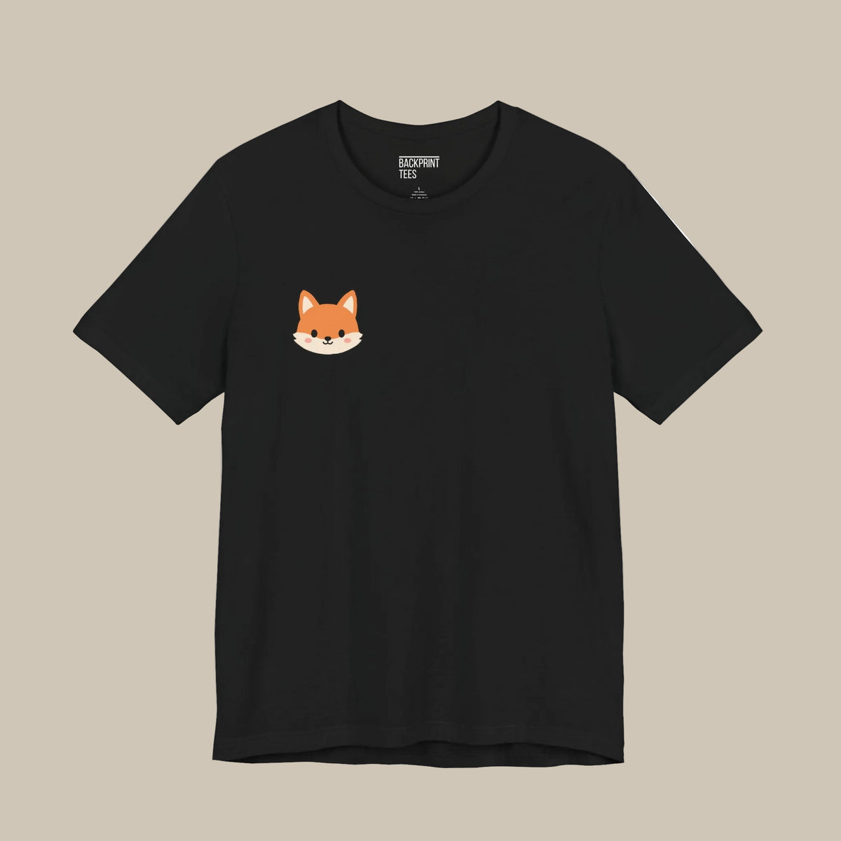 Black backprint t-shirt with a kawaii fox logo on a black background