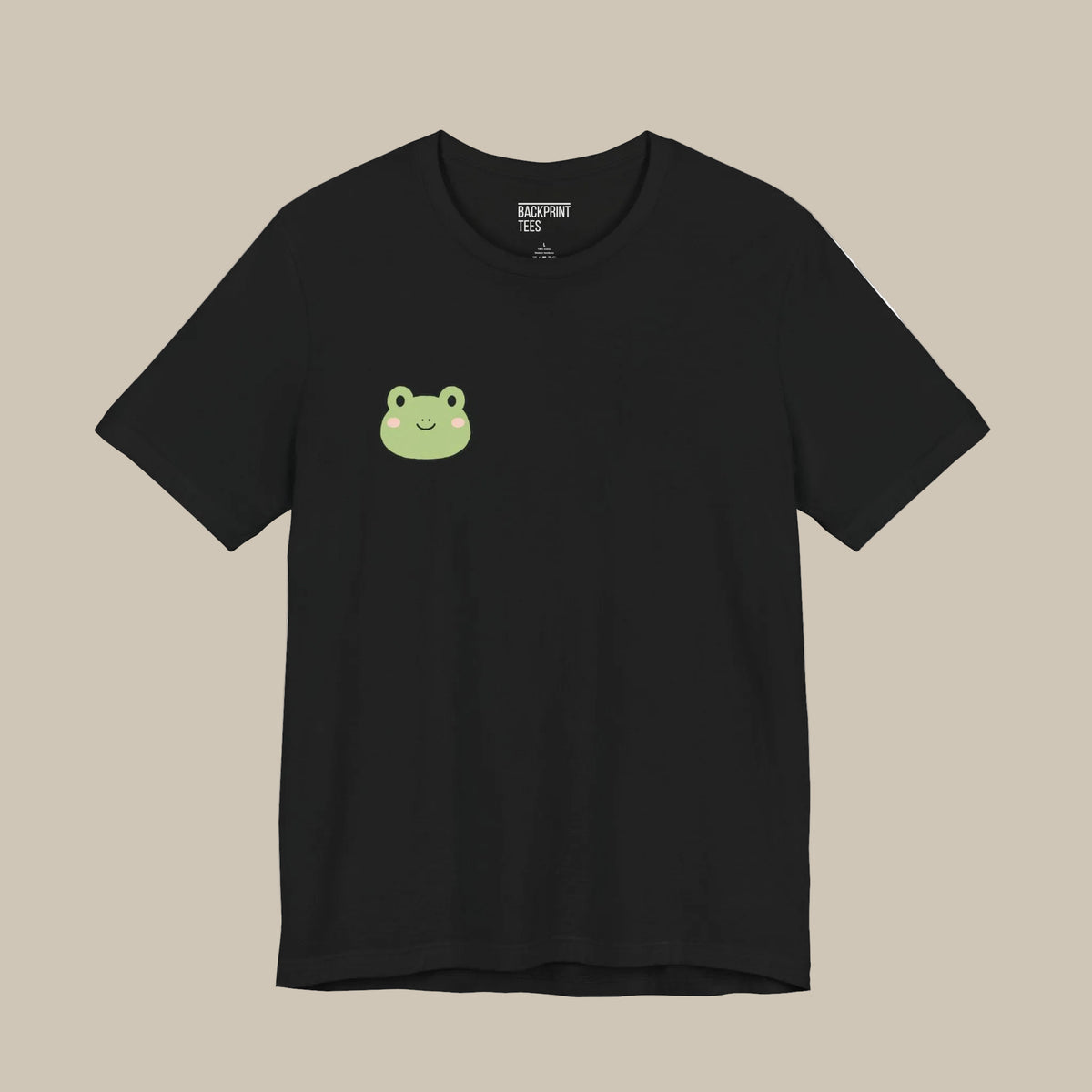 Black backprint t-shirt with a kawaii frog graphic on a black background