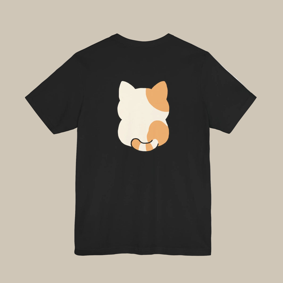 Black backprint t-shirt with a kawaii cat graphic on a black background