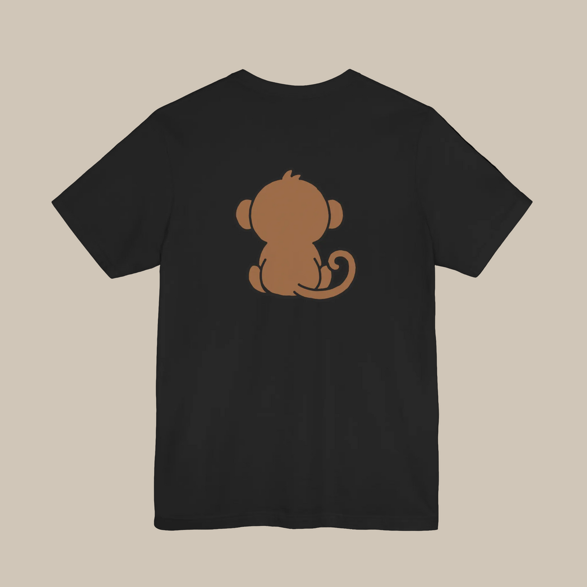 Black backprint t-shirt with a kawaii monkey graphic on a black background