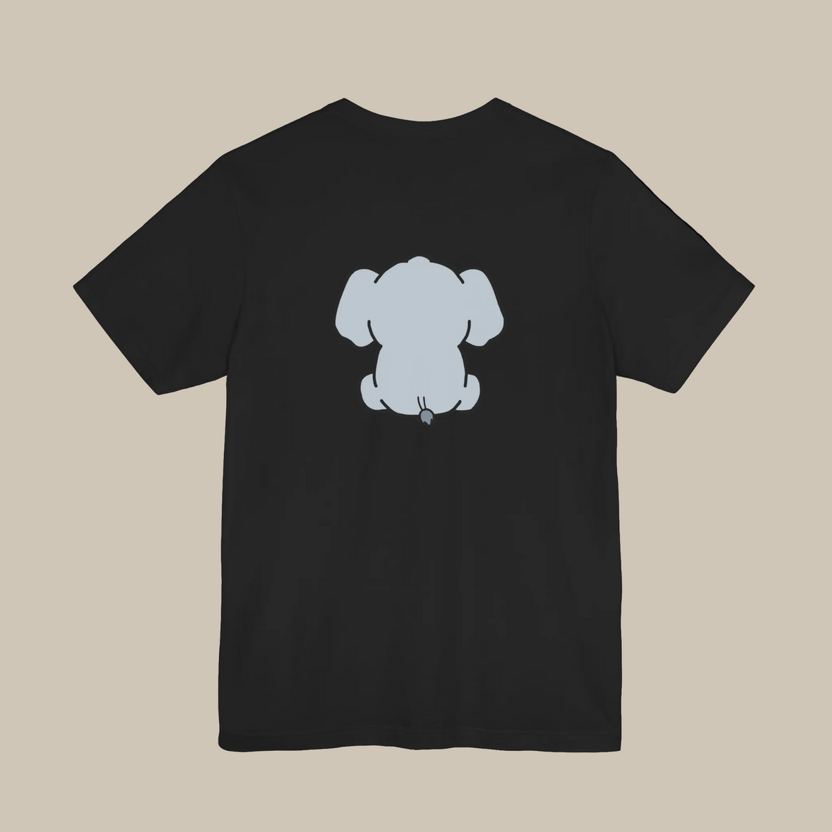 Black backprint t-shirt with a kawaii elephant graphic on a black background