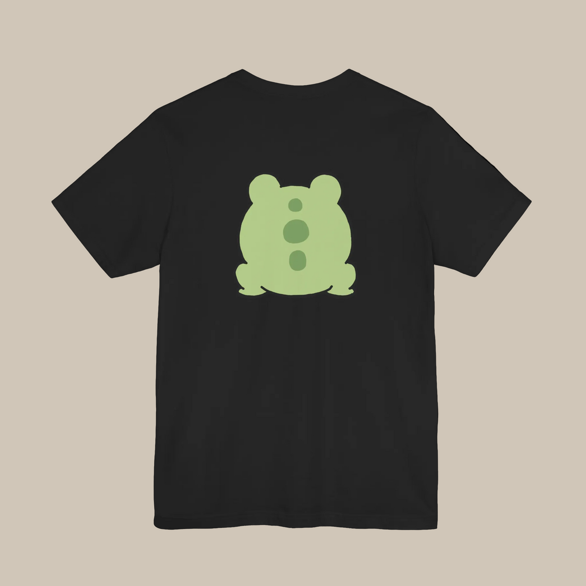 Black backprint t-shirt with a kawaii frog graphic on a black background