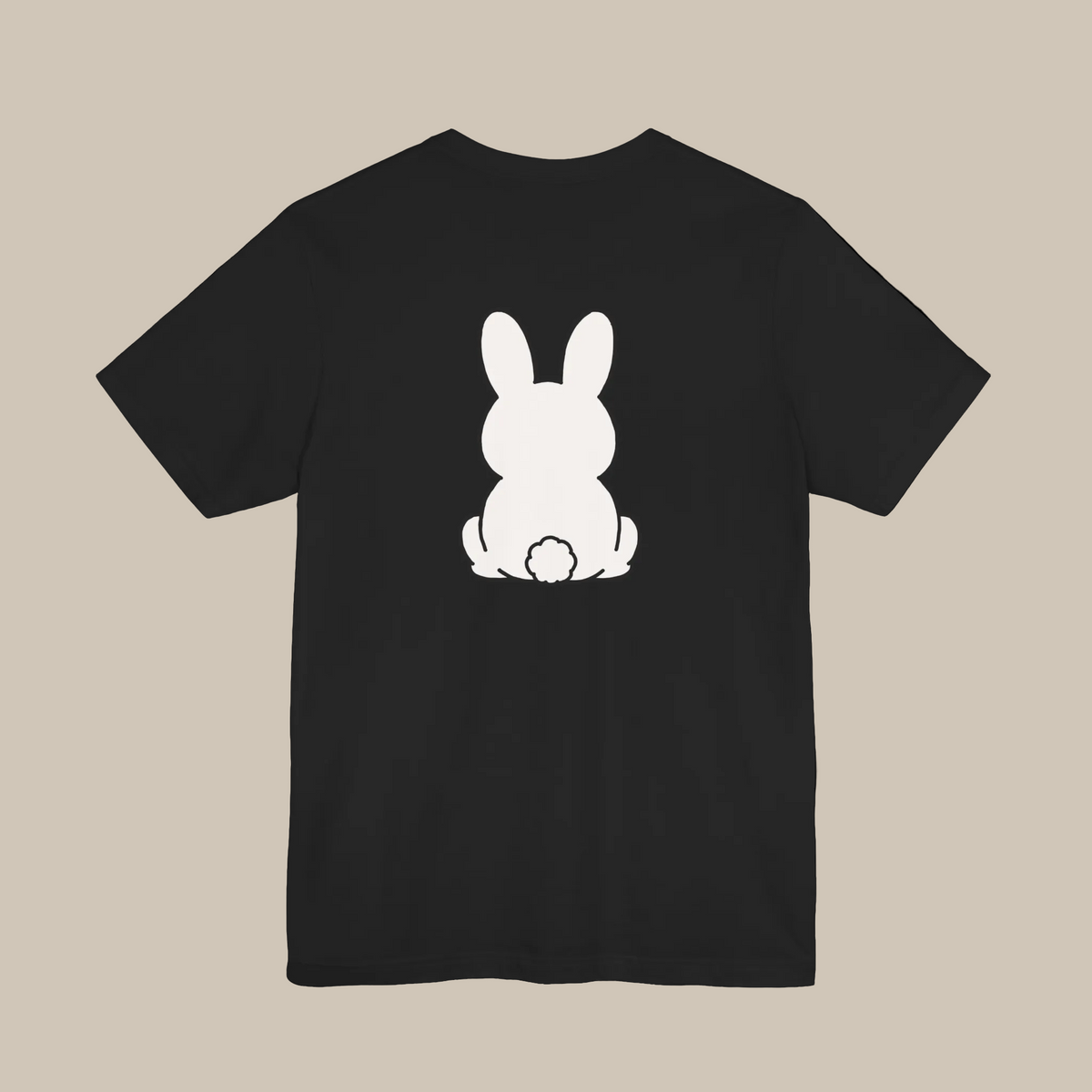 Black backprint t-shirt with a kawaii bunny graphic on a black background