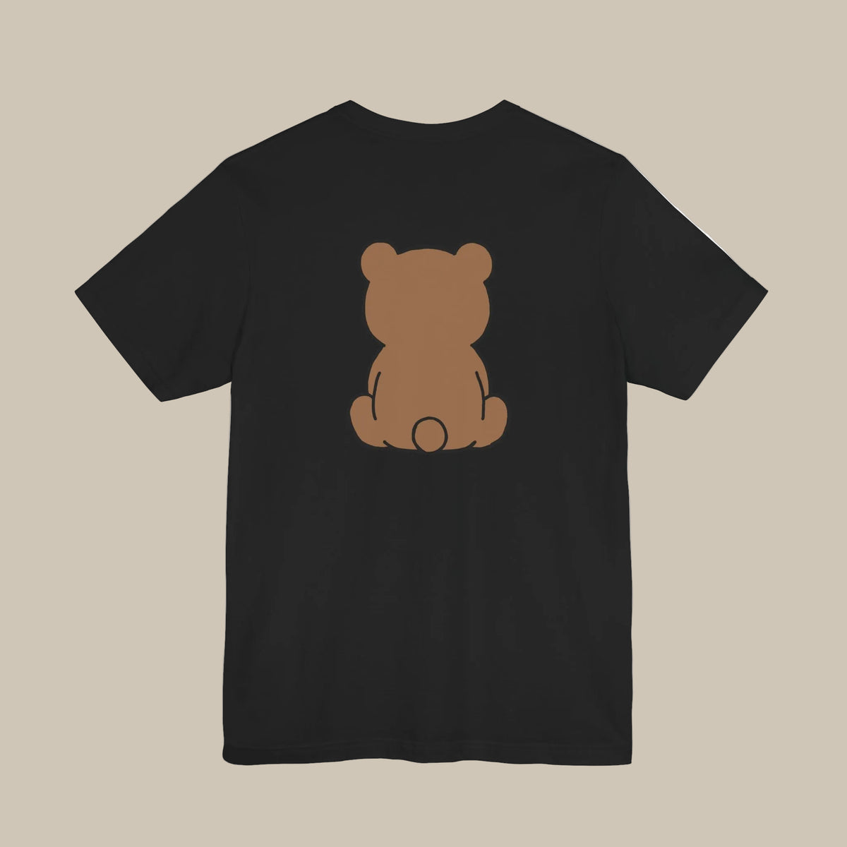 Black backprint t-shirt with a kawaii bear graphic on a black background