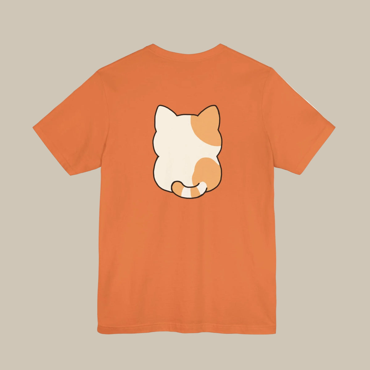 Orange backprint t-shirt with a kawaii cat graphic on a orange background
