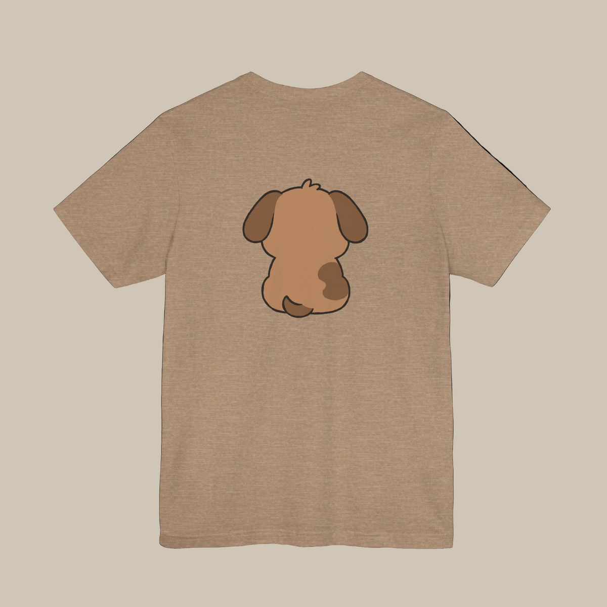Light brown backprint t-shirt with a kawaii dog graphic on a light brown background