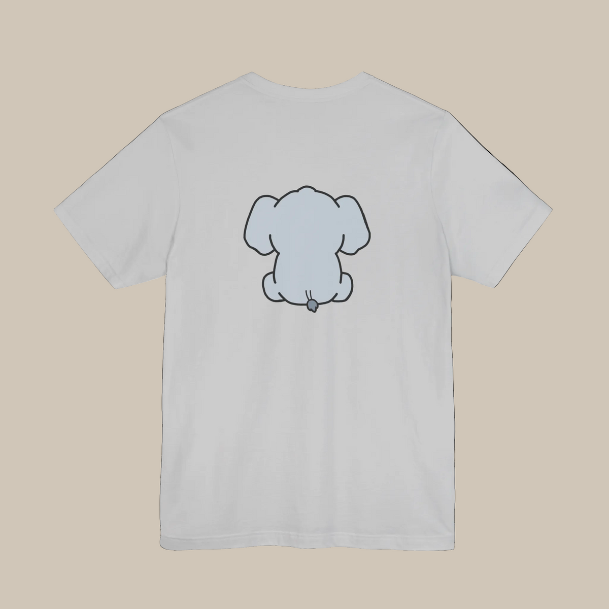 Grey backprint t-shirt with a kawaii elephant graphic on a grey background
