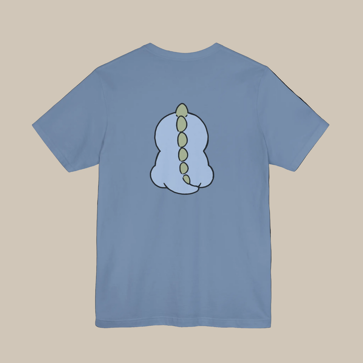 Blue backprint t-shirt with a kawaii dinosaur graphic on a blue background