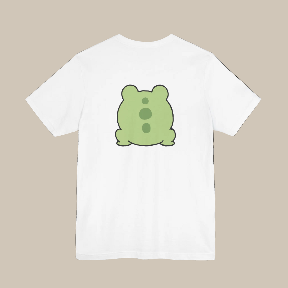 White backprint t-shirt with a kawaii frog graphic on a white background