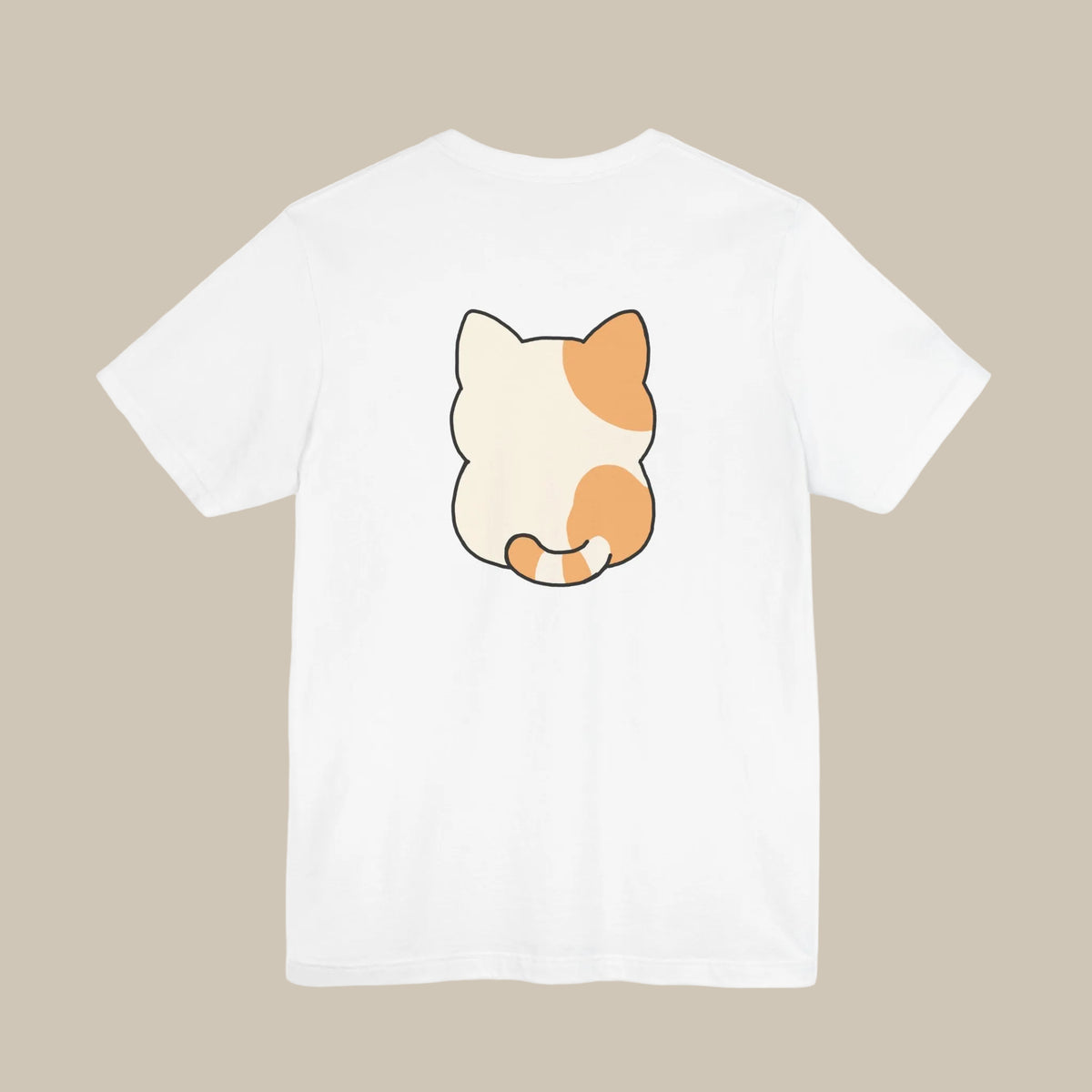 White backprint t-shirt with a kawaii cat graphic on a white background
