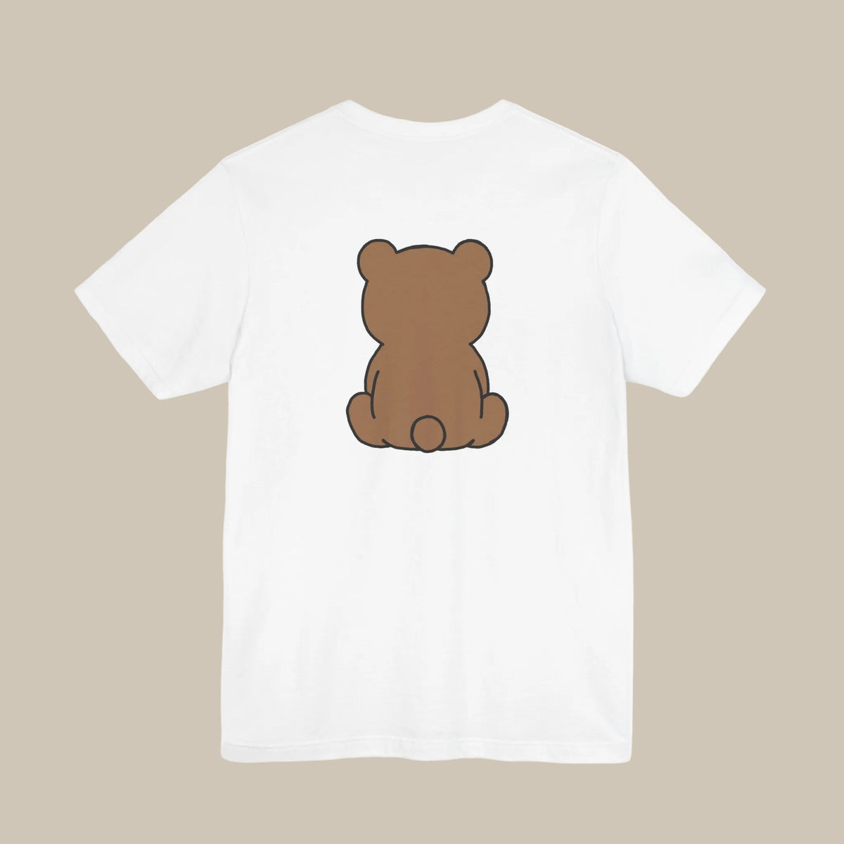 White backprint t-shirt with a kawaii bear graphic on a white background