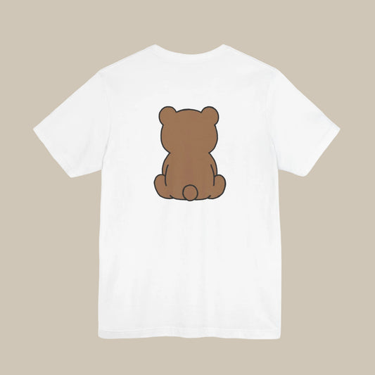 White backprint t-shirt with a kawaii bear graphic on a white background