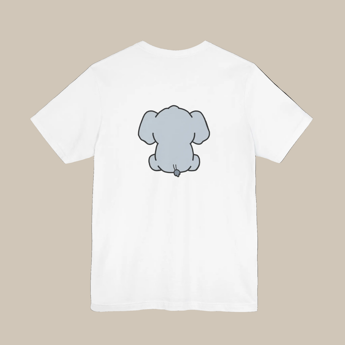 White backprint t-shirt with a kawaii elephant graphic on a white background