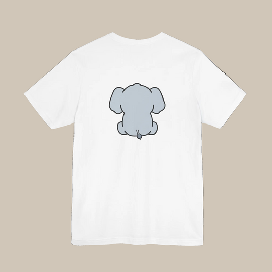 White backprint t-shirt with a kawaii elephant graphic on a white background