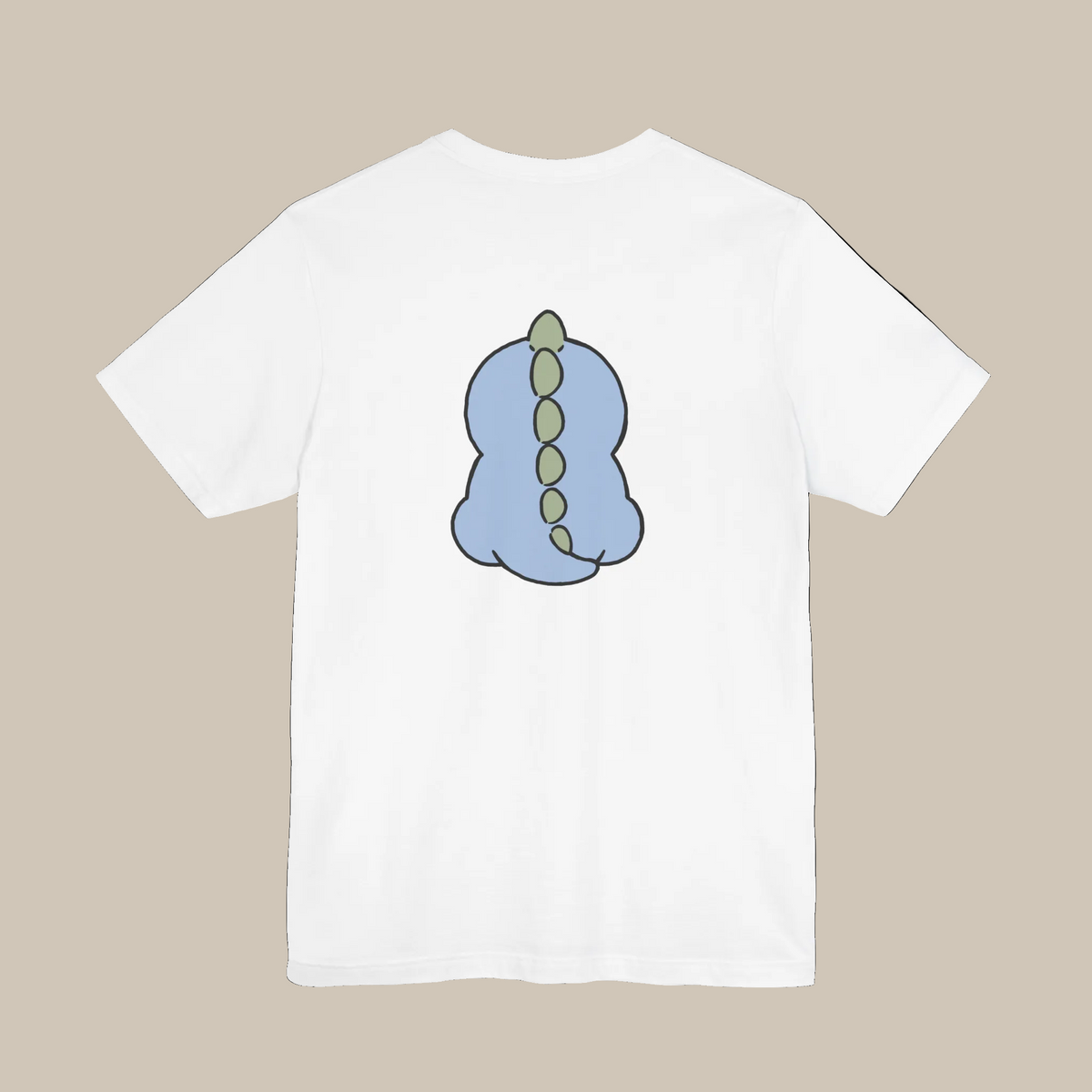 White backprint t-shirt with a kawaii dinosaur graphic on a white background