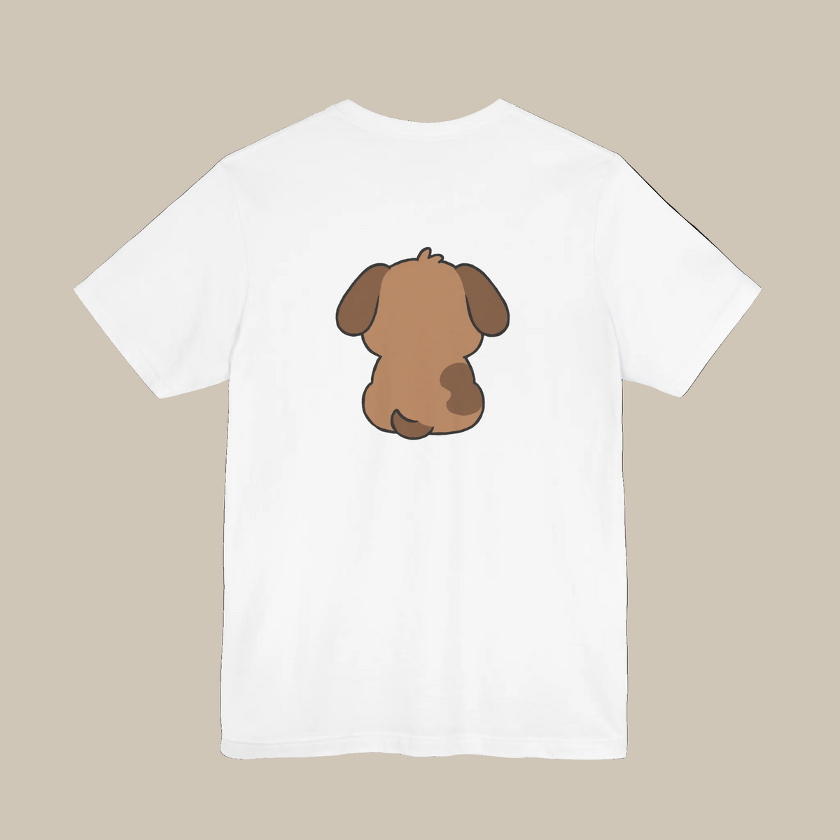 White backprint t-shirt with a kawaii dog graphic on a white background