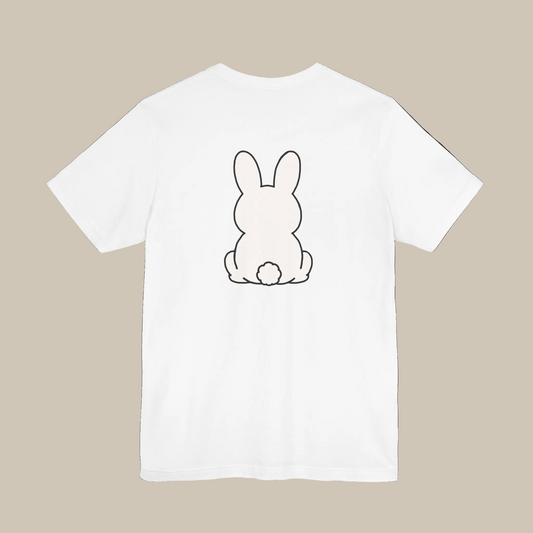 White backprint t-shirt with a kawaii bunny graphic on a white background