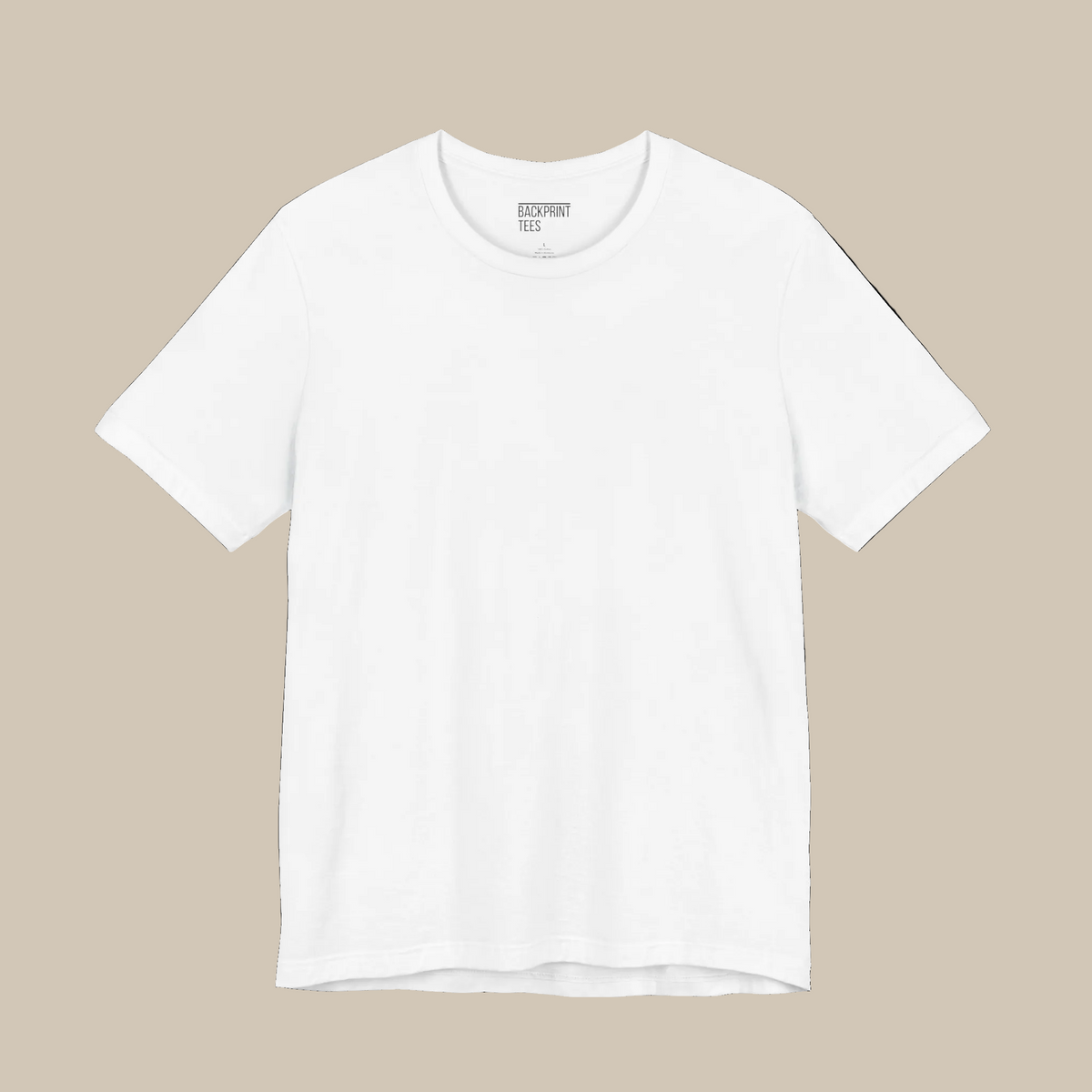 White t-shirt with black text on a white background