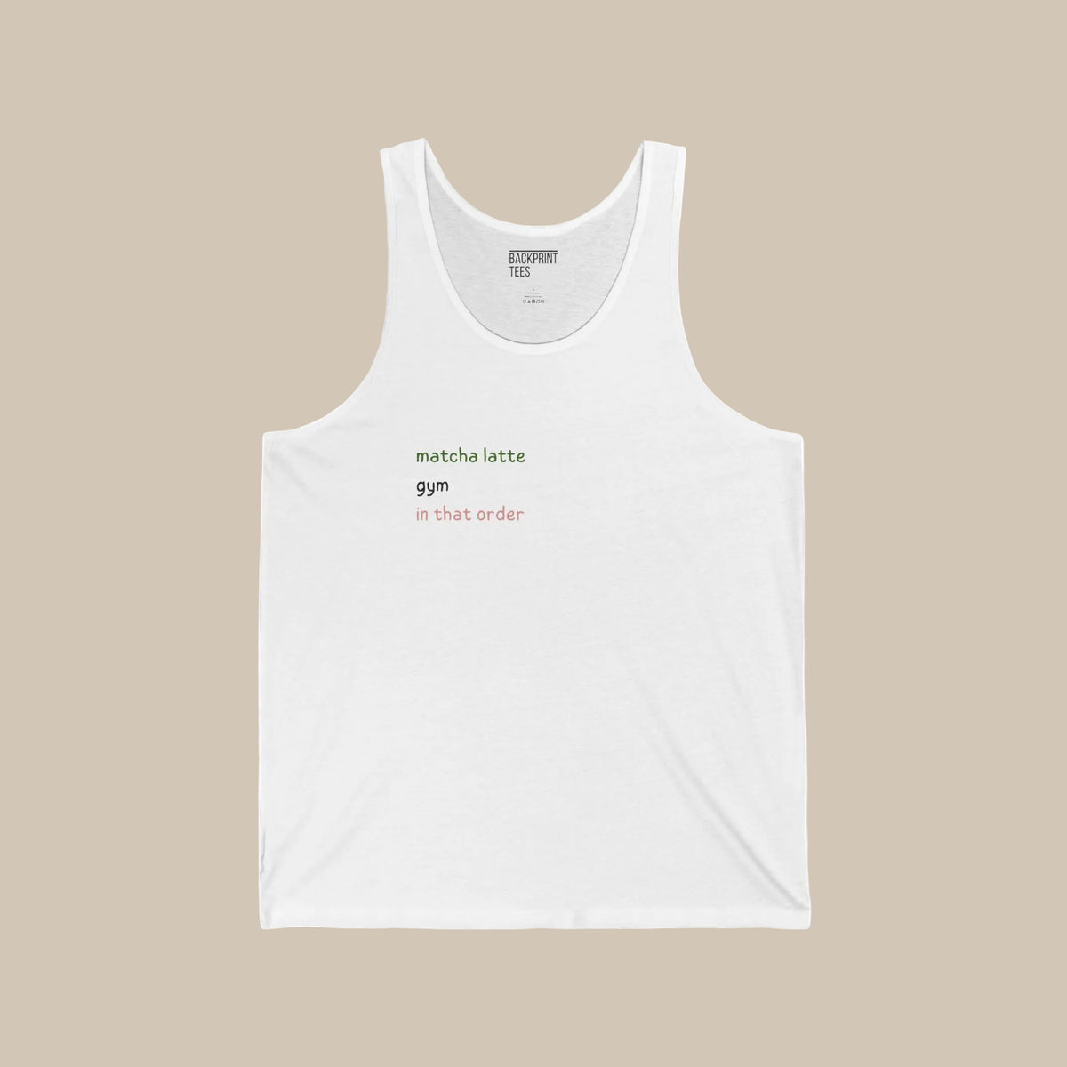 White tank top with matcha text on a white background