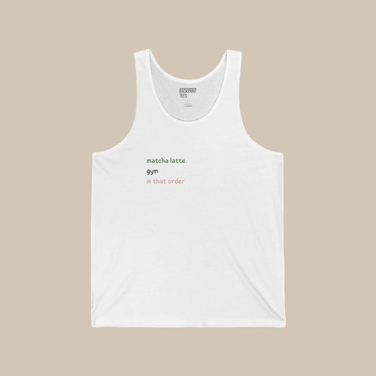 White tank top with matcha text on a white background