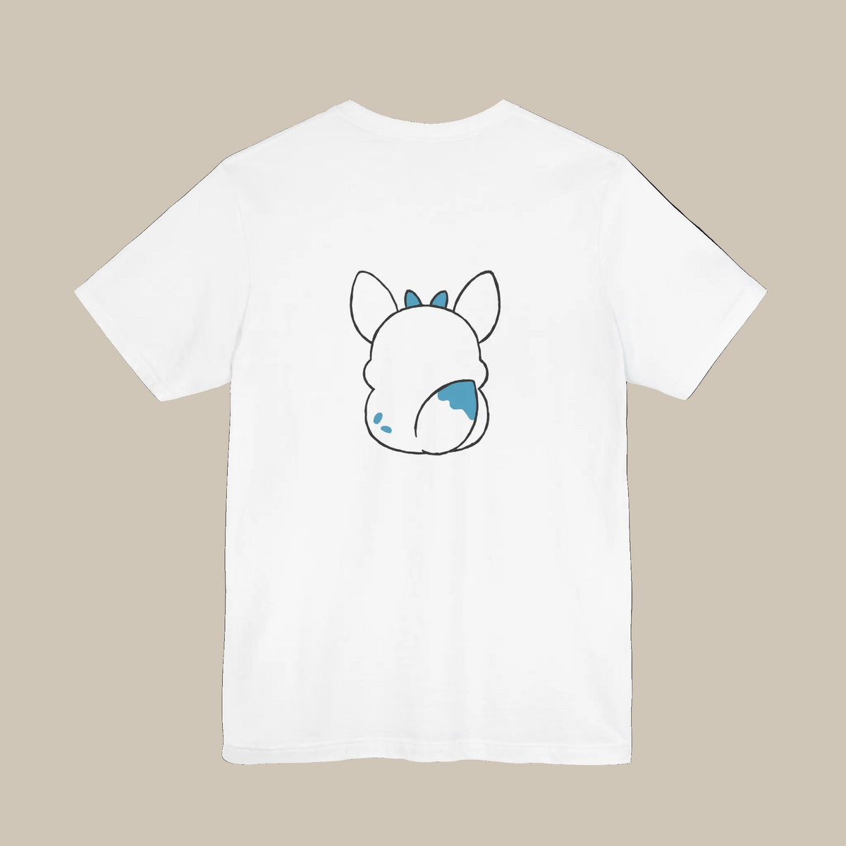 White backprint t-shirt with a kawaii mochi pet graphic on a white background